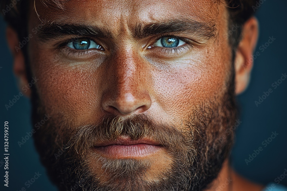 Portrait of a man with striking blue eyes and a rugged beard showcasing raw emotion and strength during a quiet moment of reflection Portrait of a man with striking blue eyes and a rugged beard showcasing raw emotion and strength during a quiet moment of reflection