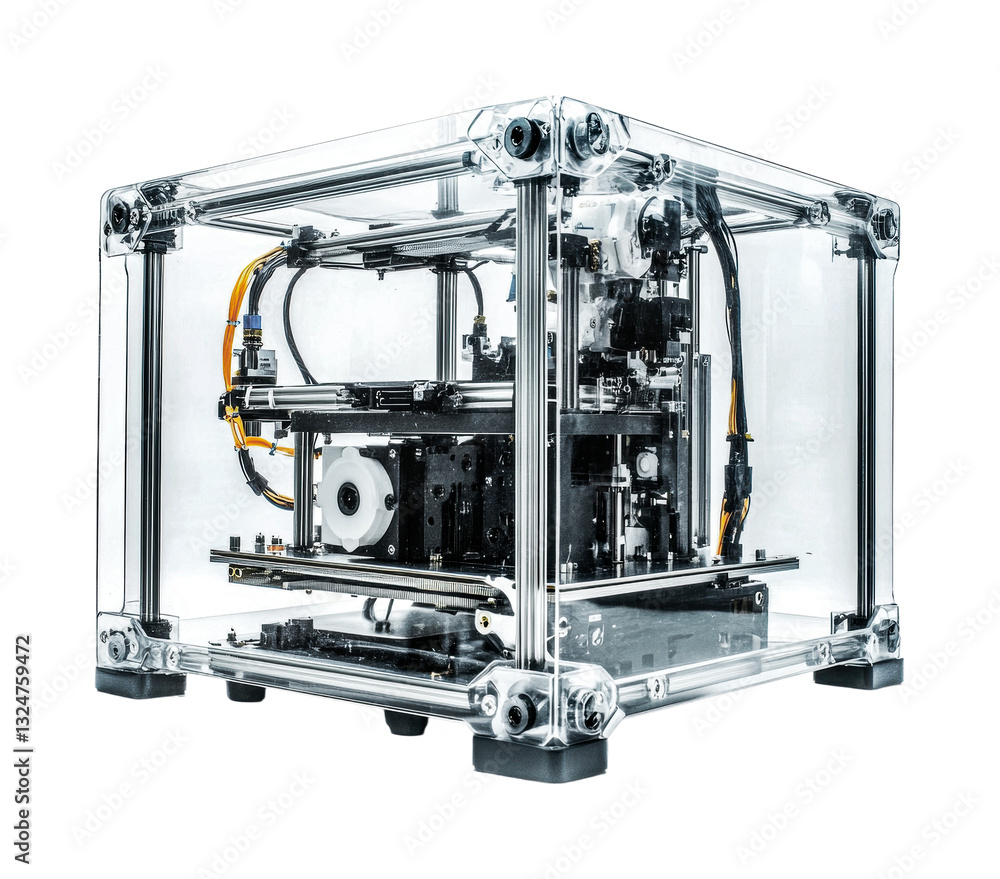 Transparent 3d printer in clear case showing internal mechanisms and wiring, cut out Transparent 3d printer in clear case showing internal mechanisms and wiring, cut out