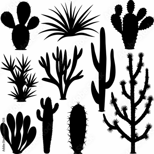 "Black Cactus Silhouette Vector Set – Desert Plants Clipart Bundle for Design"