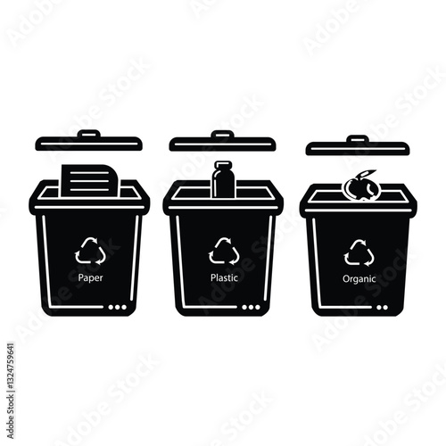 Waste Segregation Silhouette Icons | Paper, Plastic & Organic Bins