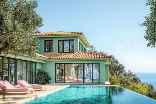 Wallpaper Mural A breathtaking villa with large panoramic windows, sage green terracotta roof tiles, and a vibrant turquoise infinity pool Torontodigital.ca