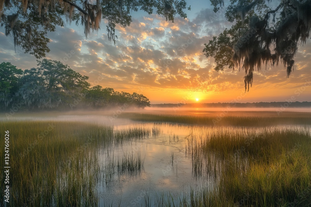 Fototapeta premium Misty Sunrise over Serene Marsh Landscape Golden Hour Peaceful Nature Scene Tranquil Water Reflections Beautiful Dawn Sky Scenic Vista Breathtaking 