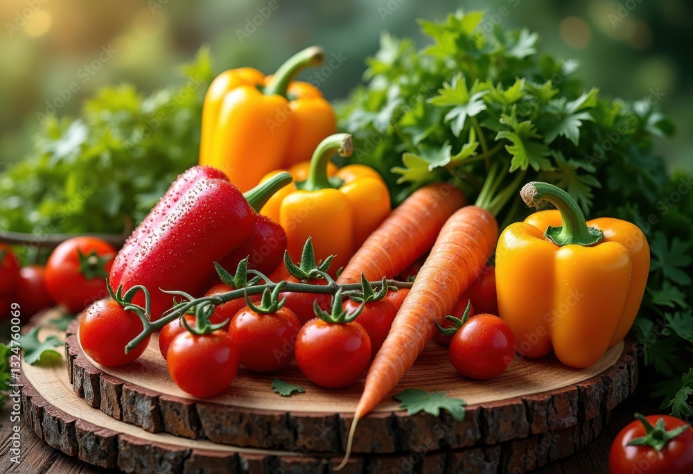 vibrant colorful arrangement fresh vegetables displayed rustic wooden boards highlighting bounty, organic, healthy, produce, seasonal, culinary, garden vibrant colorful arrangement fresh vegetables displayed rustic wooden boards highlighting bounty, organic, healthy, produce, seasonal, culinary, garden