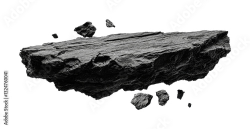 Floating fragmented black rock isolated, cut out