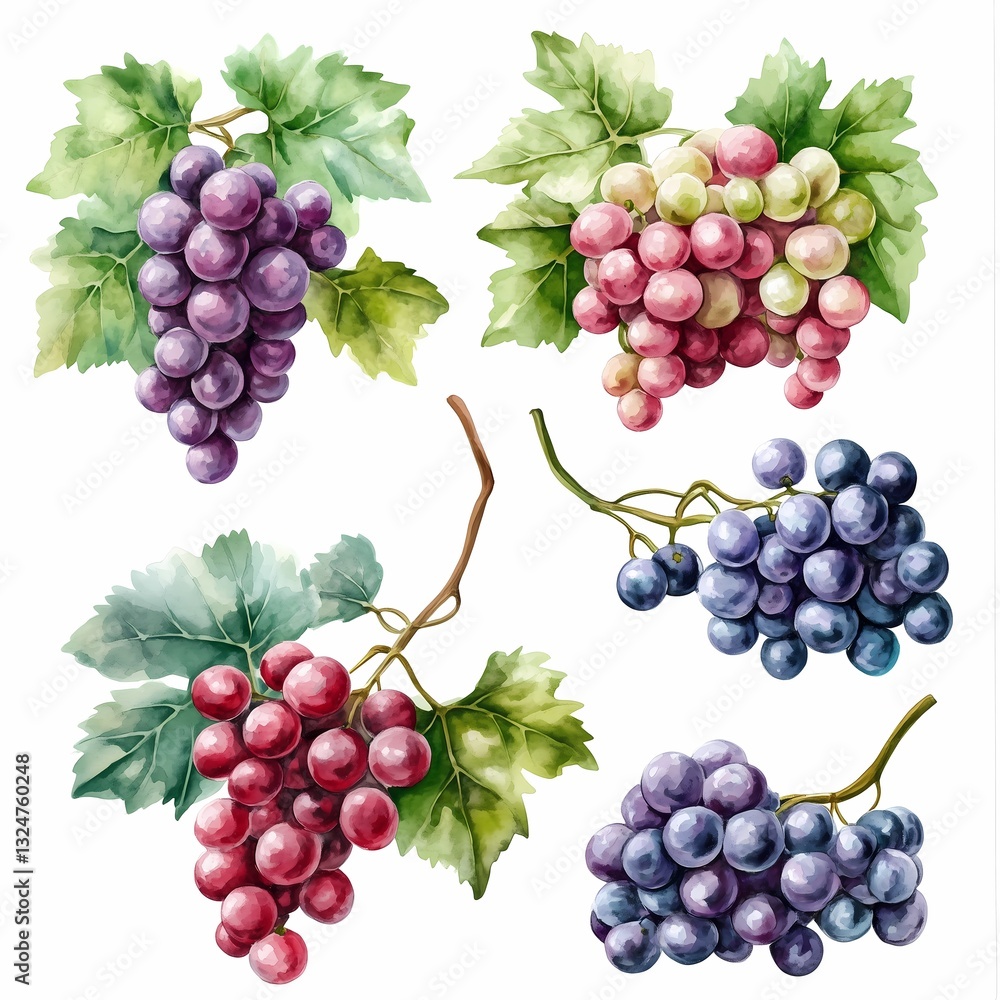 Set of grapes and vine leaves watercolor illustration on a white background Set of grapes and vine leaves watercolor illustration on a white background