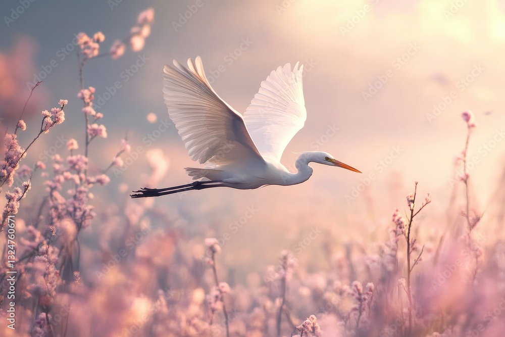 White heron gliding gracefully over spring blossoms in soft morning light, white heron flying in spring morning slow motion White heron gliding gracefully over spring blossoms in soft morning light, white heron flying in spring morning slow motion