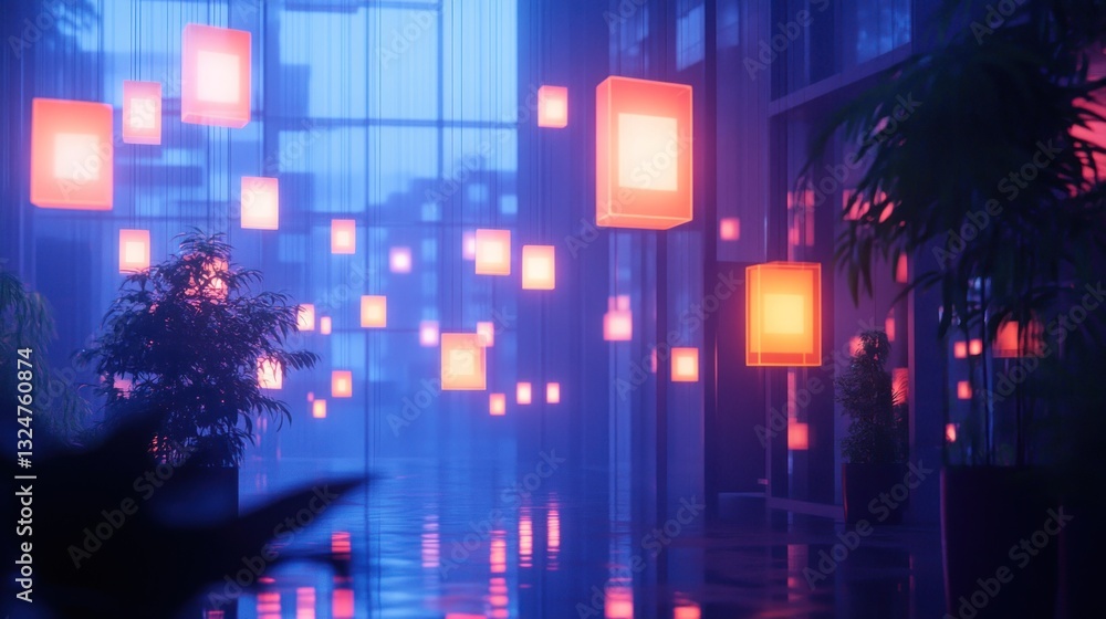 Naklejka premium Futuristic interior with glowing cubes