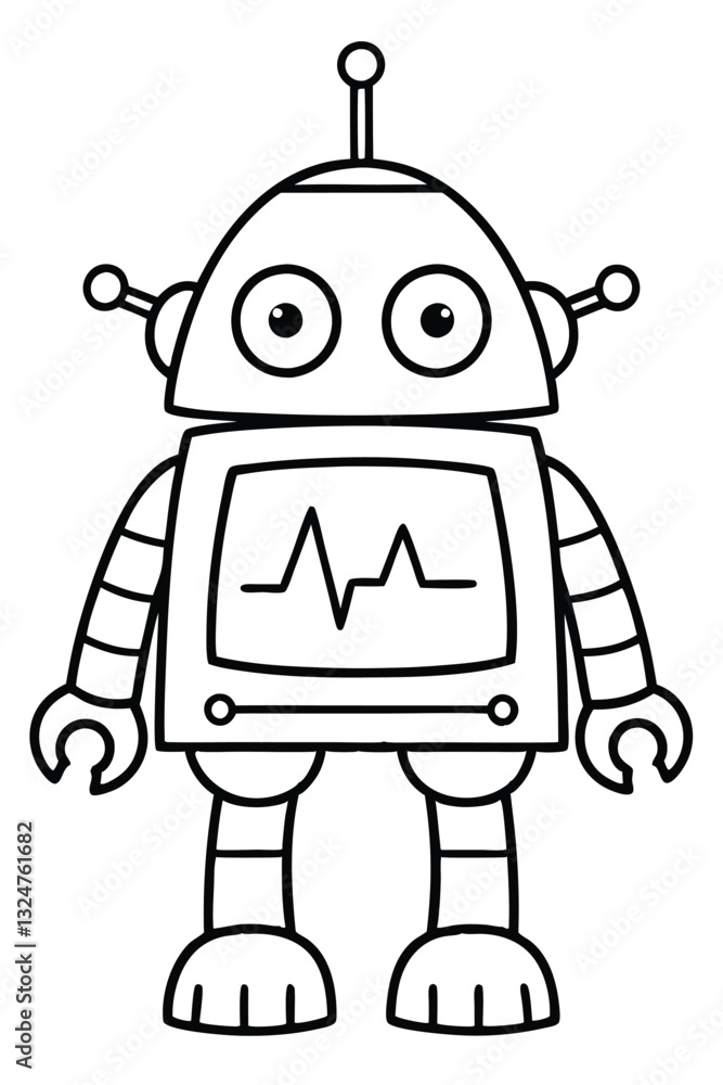 Funny cartoon robot character in green, designed as a retro icon for technology support and mobile equipment Funny cartoon robot character in green, designed as a retro icon for technology support and mobile equipment