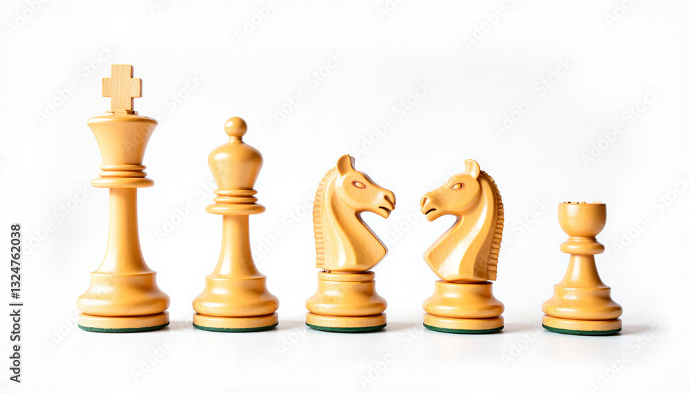Set of wooden chess pieces on white background for strategy and game concept Set of wooden chess pieces on white background for strategy and game concept