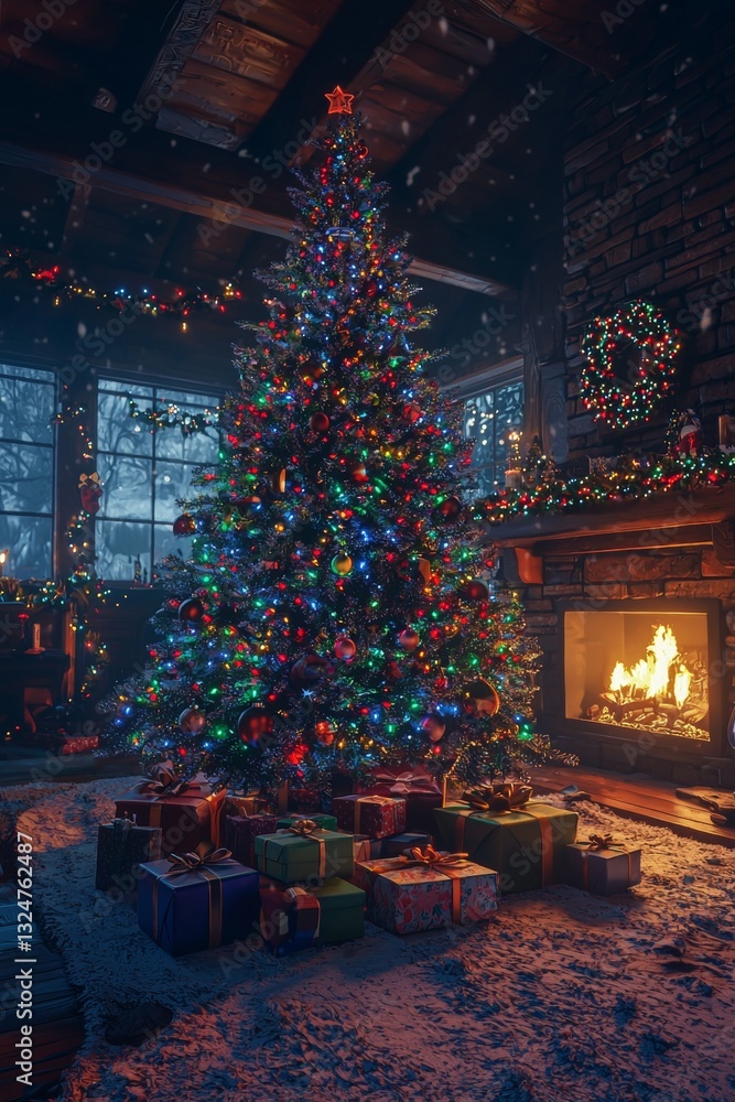 Obraz premium Christmas Tree with Gifts Underneath a Fireplace at Night with Colorful Lights