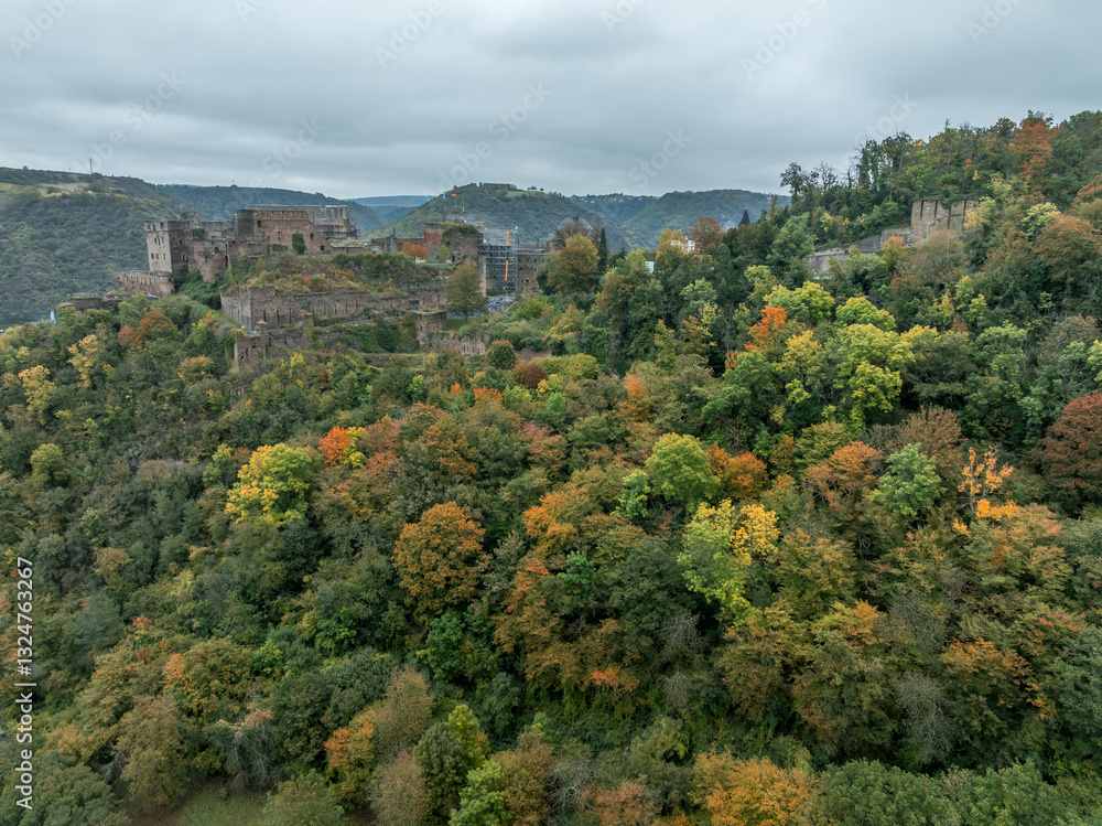 Aerial view of Rheinfels castle medieval ruin under reconstruction in Germany