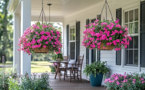 Hanging flower baskets adorned with vibrant pink petunias on a charming porch surrounded by greenery in warm afternoon light