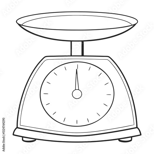 Line art illustration of a classic analog kitchen scale with a round dial and measuring platform, used for precise weight measurement in cooking and food preparation.






