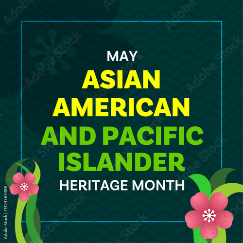 Asian American and Pacific Islander Heritage Month. Social Media design with flower illustration and zig-zang line patterns for greetings in May, campaigns, ads