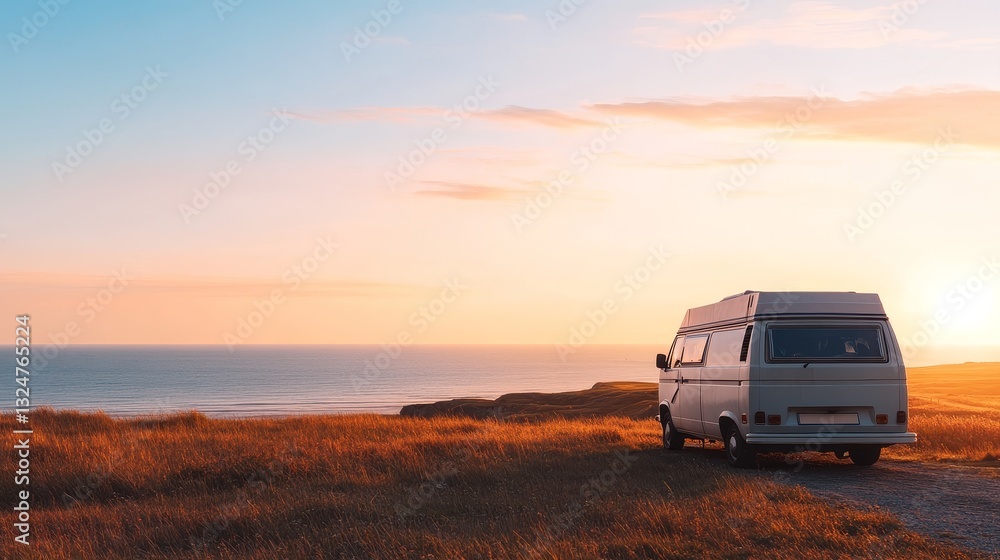 Scenic sunset view of a camper van parked by the ocean, with golden grass in the foreground Scenic sunset view of a camper van parked by the ocean, with golden grass in the foreground