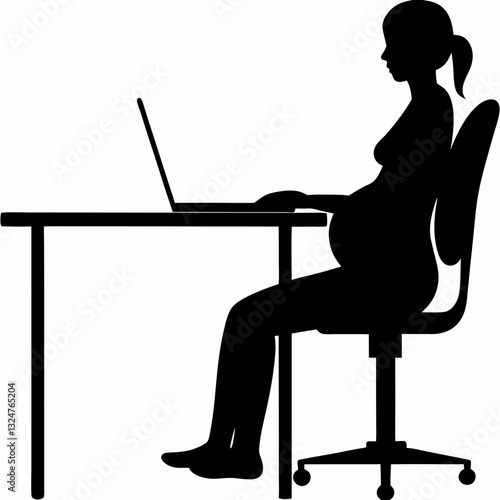Silhouette of a pregnant woman working at a desk with a laptop, designed in minimalist vector style, perfect for business, maternity, and office-themed projects. ​