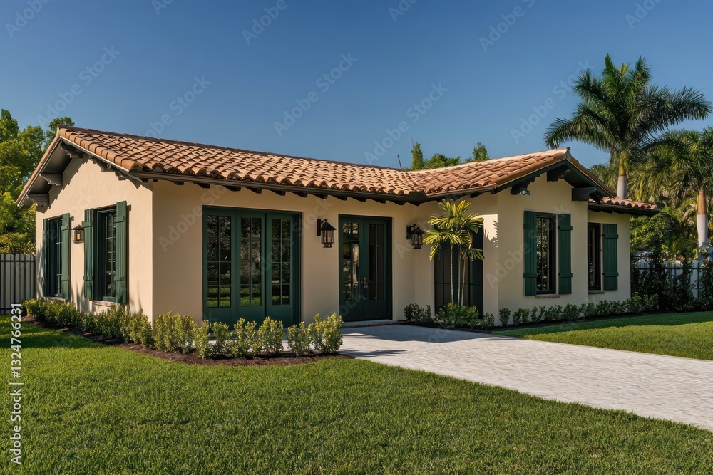 A charming home with a sandstone Spanish-style roof, vanilla stucco walls, and dark green wood detailing on the doors and windows A charming home with a sandstone Spanish-style roof, vanilla stucco walls, and dark green wood detailing on the doors and windows