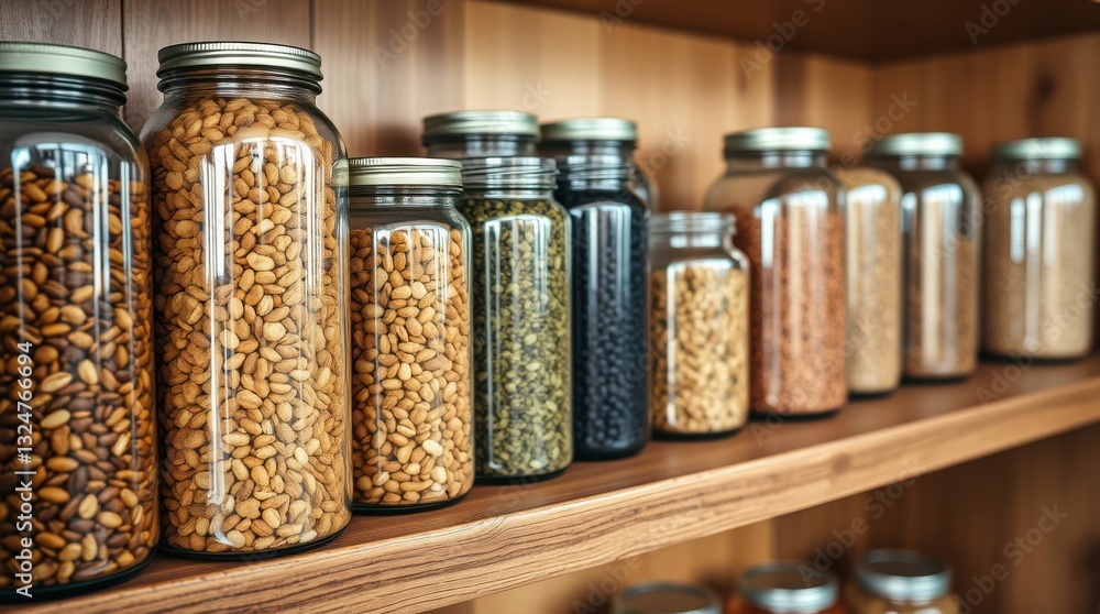Pantry Shelf with Jars: A neatly organized pantry shelf displays glass jars filled with various dry goods. Pantry Shelf with Jars: A neatly organized pantry shelf displays glass jars filled with various dry goods.