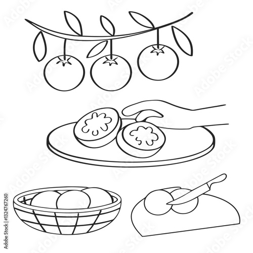 "Strawberries, Pancakes, and Dessert Tray Sketch Icons on Transparent Background"