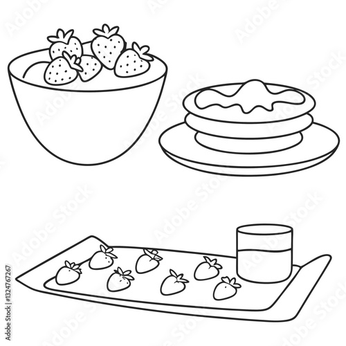 "Strawberries, Pancakes, and Dessert Tray Sketch Icons on Transparent Background"