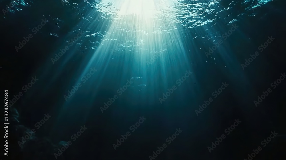 A deep ocean scene with rays of light filtering through the water, creating an atmosphere that feels both mysterious and peaceful. A deep ocean scene with rays of light filtering through the water, creating an atmosphere that feels both mysterious and peaceful.