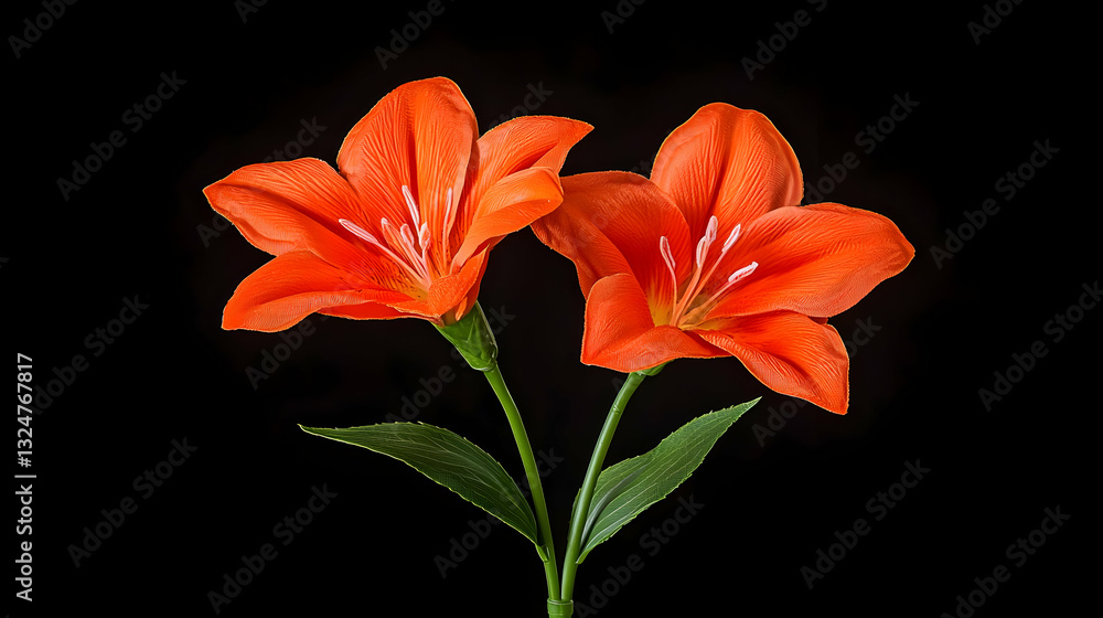 Obraz premium Two Vibrant Orange Lily Flowers with Water Droplets on Black Background