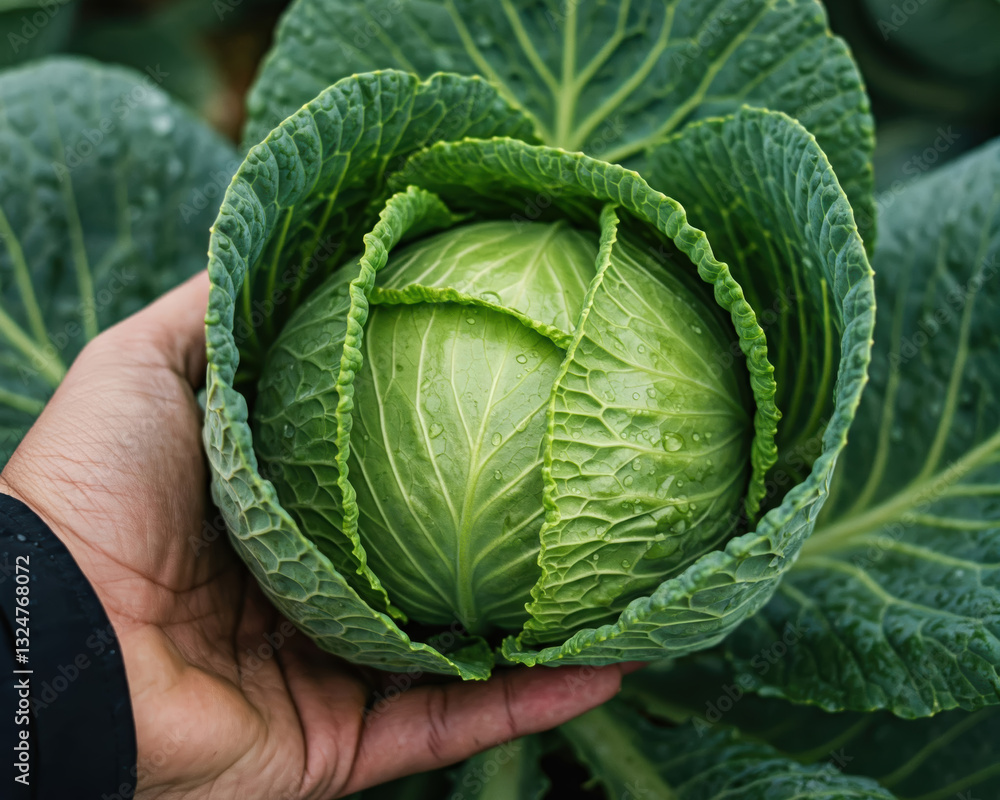 Fototapeta premium Hand holding freshly harvested cabbage with dewdrops on its leaves. Organic farming and fresh produce.