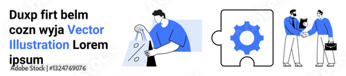 Professionals engaging in a welcoming handshake, a person analyzing data, and a puzzle piece with a gear inside. Ideal for business strategy, partnership, teamwork, project management, office
