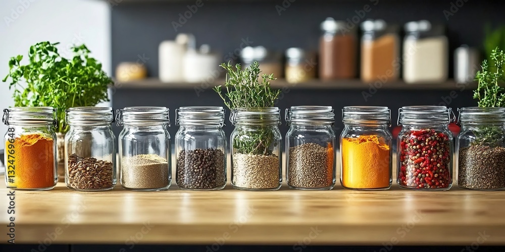 A kitchen counter with various glass jars filled with spices and herbs, representing the importance of color in cooking A kitchen counter with various glass jars filled with spices and herbs, representing the importance of color in cooking