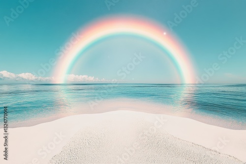 Serene beach scene with a pastel rainbow arching over turquoise ocean and white sand.