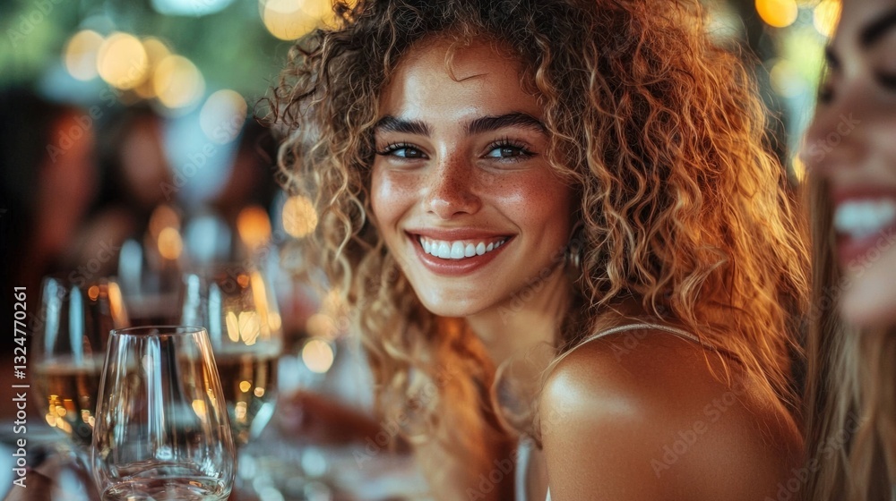 A group of women gathered around a table with wine glasses, enjoying a festive Womens Day dinner A group of women gathered around a table with wine glasses, enjoying a festive Womens Day dinner