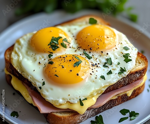Delightful breakfast featuring toasted bread topped with fried eggs, ham, and melted cheese garnished with fresh herbs