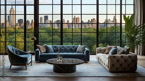 A panoramic view of the New York skyline from an ultra-luxury apartment in Central Park, showcasing its expansive windows overlooking the lush greenery and iconic buildings.