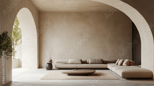 A modern minimalist interior featuring an elegant arch, a concrete floor, a sleek sofa, a coffee table, and curated decor. 3D render mockup