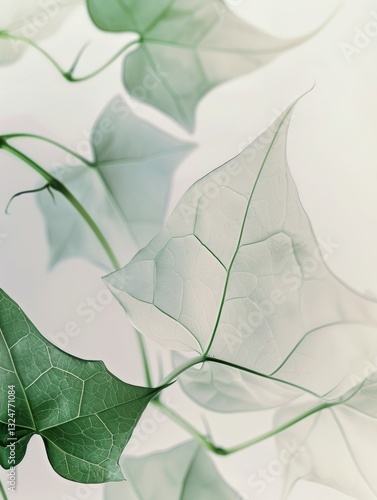 Closeup of transparent ivy leaf with light green edges against clean simple background with delicate details
