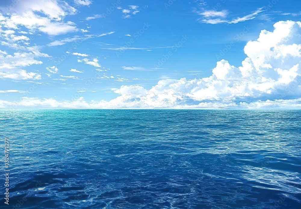 Fototapeta premium A wide shot of the vast, open ocean under a clear blue sky with fluffy white clouds.