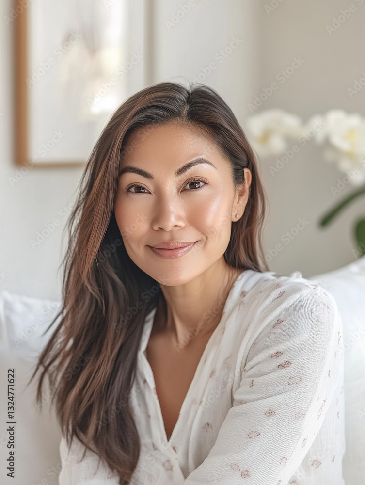 Authentic joy – middle-aged Asian woman smiling warmly in a cozy home setting Authentic joy – middle-aged Asian woman smiling warmly in a cozy home setting