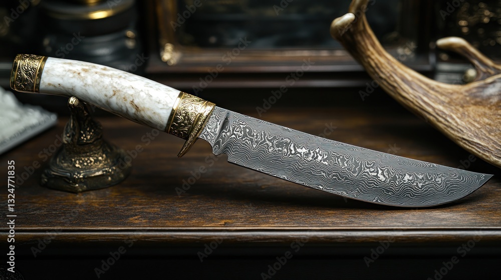 Ornate hunting knife displayed on dark wood, antlers background, collectible item Ornate hunting knife displayed on dark wood, antlers background, collectible item