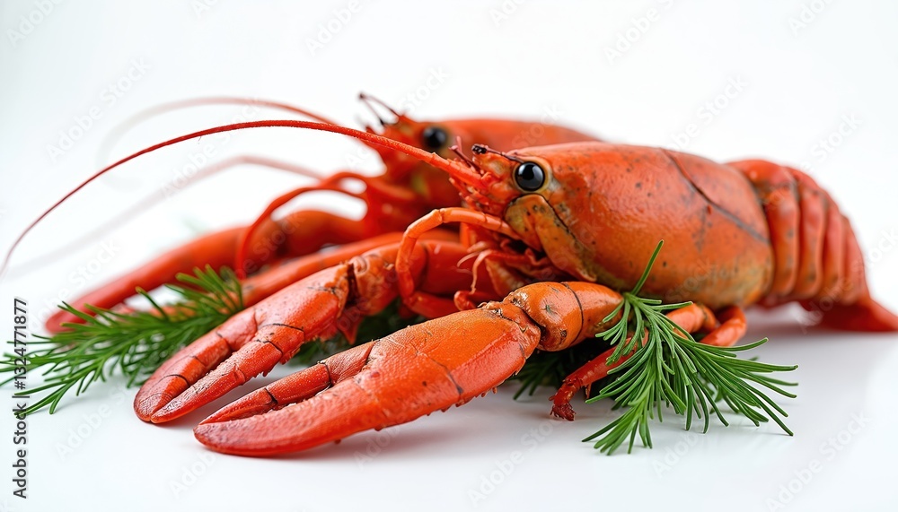 Macro photo of cooked red crayfish with dill isolated on white background. Delicious boiled crustacean seafood dish. Raw river crawfish food rich in protein, ideal dinner. Macro photo of cooked red crayfish with dill isolated on white background. Delicious boiled crustacean seafood dish. Raw river crawfish food rich in protein, ideal dinner.