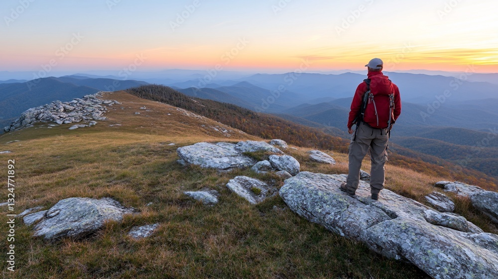 Adventurous Hiker at Sunset Mountain Peak