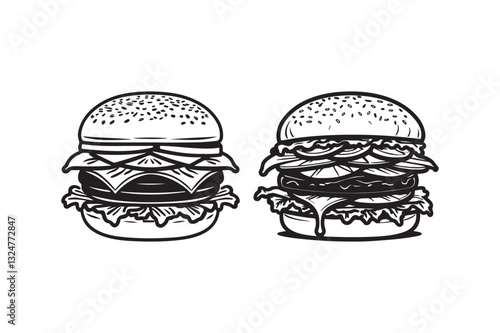 Hand-Drawn Burger Illustration Black and White Fast Food Art