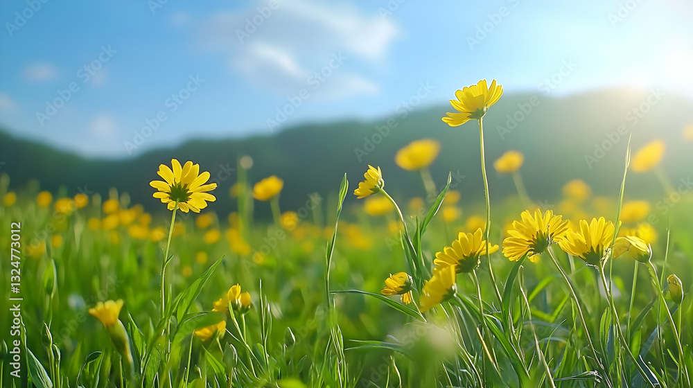 Golden Yellow Flowers in Lush Green Field Under Sunny Blue Sky with Hilly Background Golden Yellow Flowers in Lush Green Field Under Sunny Blue Sky with Hilly Background