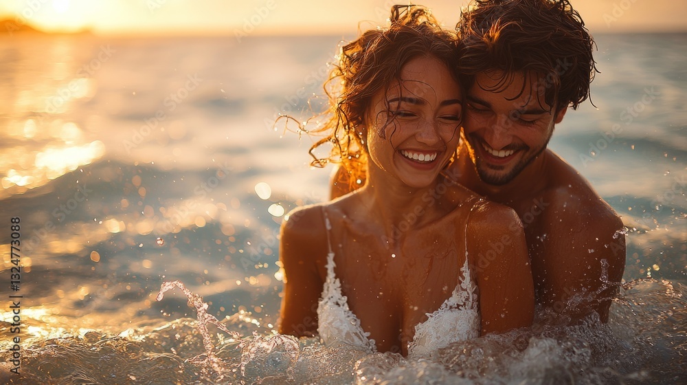 Obraz premium A just-married couple laughing as they run through the waves, their wedding outfits slightly wet