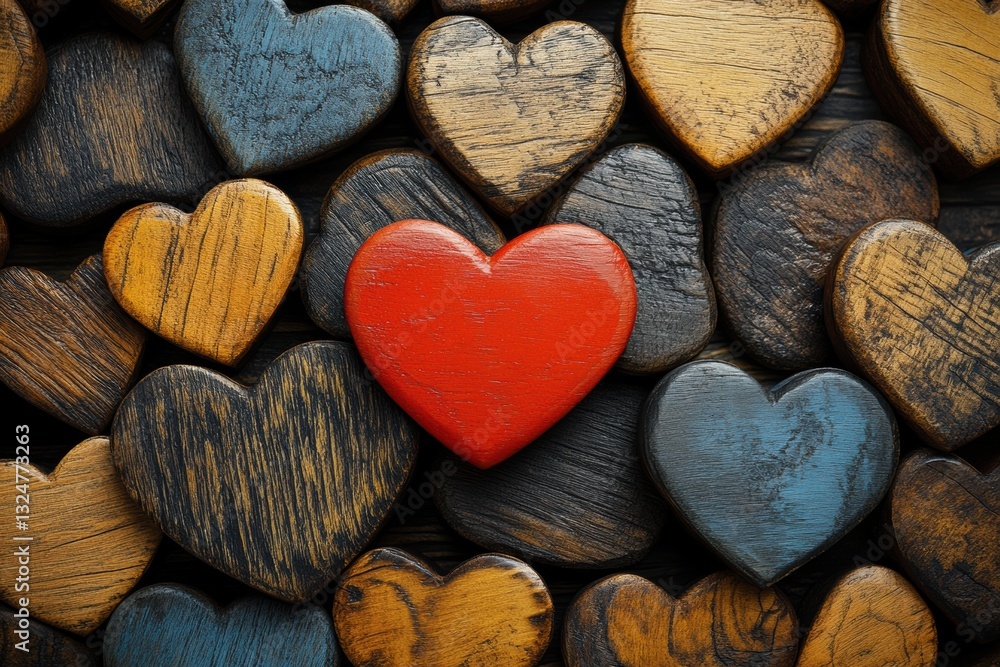 Obraz premium Vibrant red wooden heart surrounded by various textured hearts on a rustic wooden surface, symbolizing love and connection