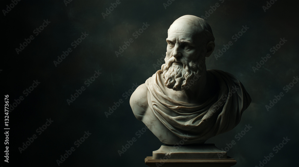 Classical marble bust of an ancient philosopher, contemplative expression, displayed against a dark background
Classical marble bust of an ancient philosopher, contemplative expression, displayed against a dark background