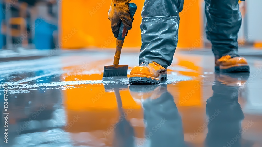 Worker spreading a smooth surface on the floor Worker spreading a smooth surface on the floor