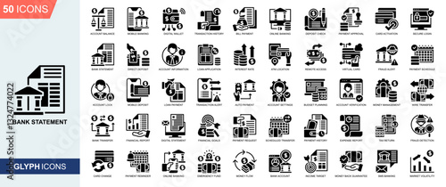 Bank statement icon collection set. Account Balance, Mobile Banking, Digital Wallet, Transaction History, Payment Approval, Card Activation icon. Simple glyph vector