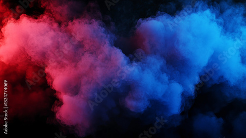 A realistic 3D-rendered scene of red and blue smoke clouds on a transparent black background with a neon glow effect, symbolizing sports competition or police emergency lighting