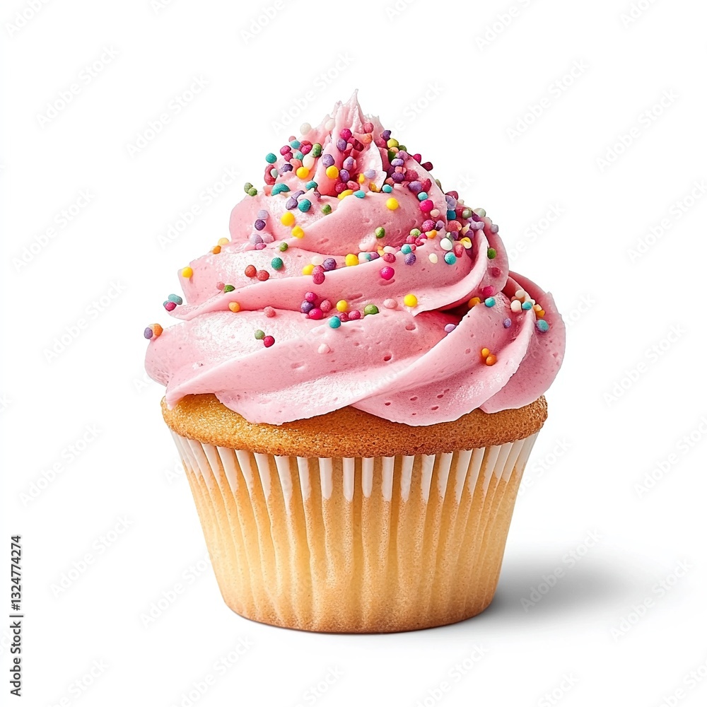 Pink cupcake with rainbow sprinkles, perfect for a birthday treat or celebration. Delicious and sweet! Pink cupcake with rainbow sprinkles, perfect for a birthday treat or celebration. Delicious and sweet!