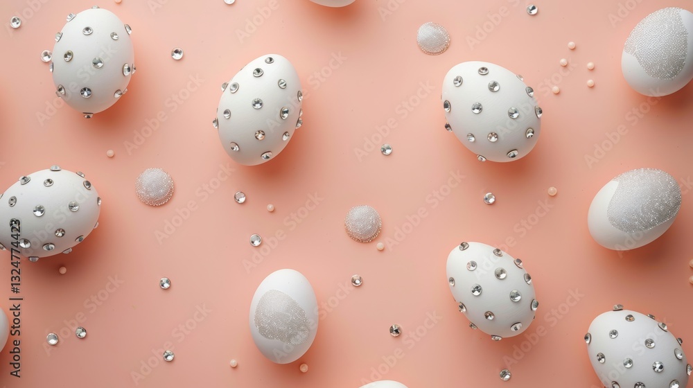 Easter Eggs with Rhinestones and Pearls on a Pink Background Easter Eggs with Rhinestones and Pearls on a Pink Background